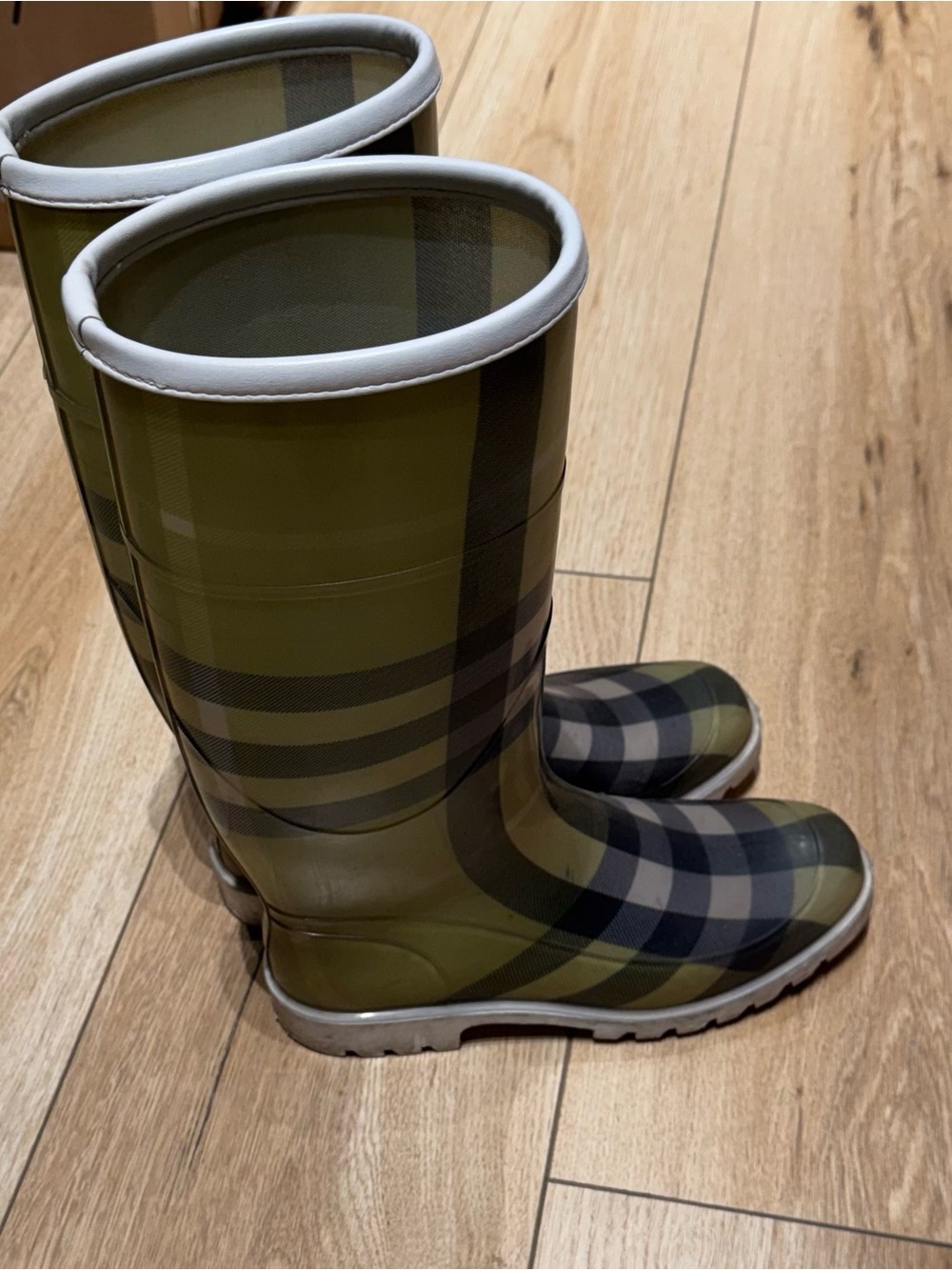 Burberry Olive Plaid Rain Boots